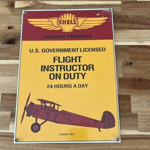 Shell Aviation Flight Instructor Enamel Metal Sign Ande Rooney Boeing F3B-1 13x9